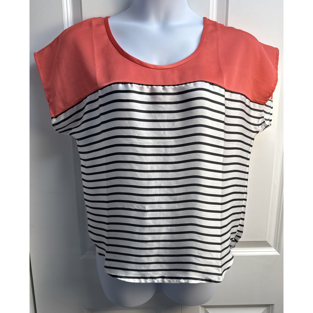 Boston Proper Size 6 Striped Silky Blouse Color Block Short Sleeve Top EUC